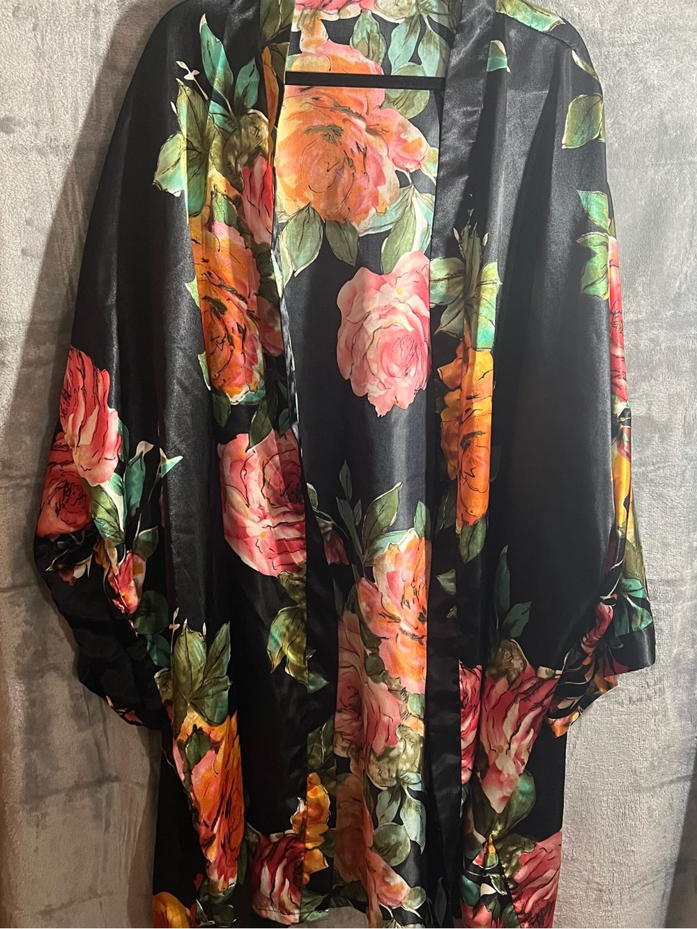 Black Floral Satin Kimono robe 3X